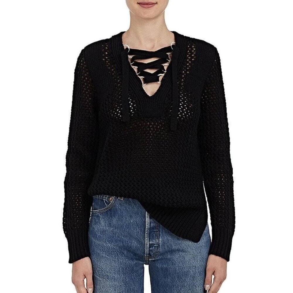 Derek Lam 10 Crosby Black Knit V-Neck Lace Up Sweater, size M